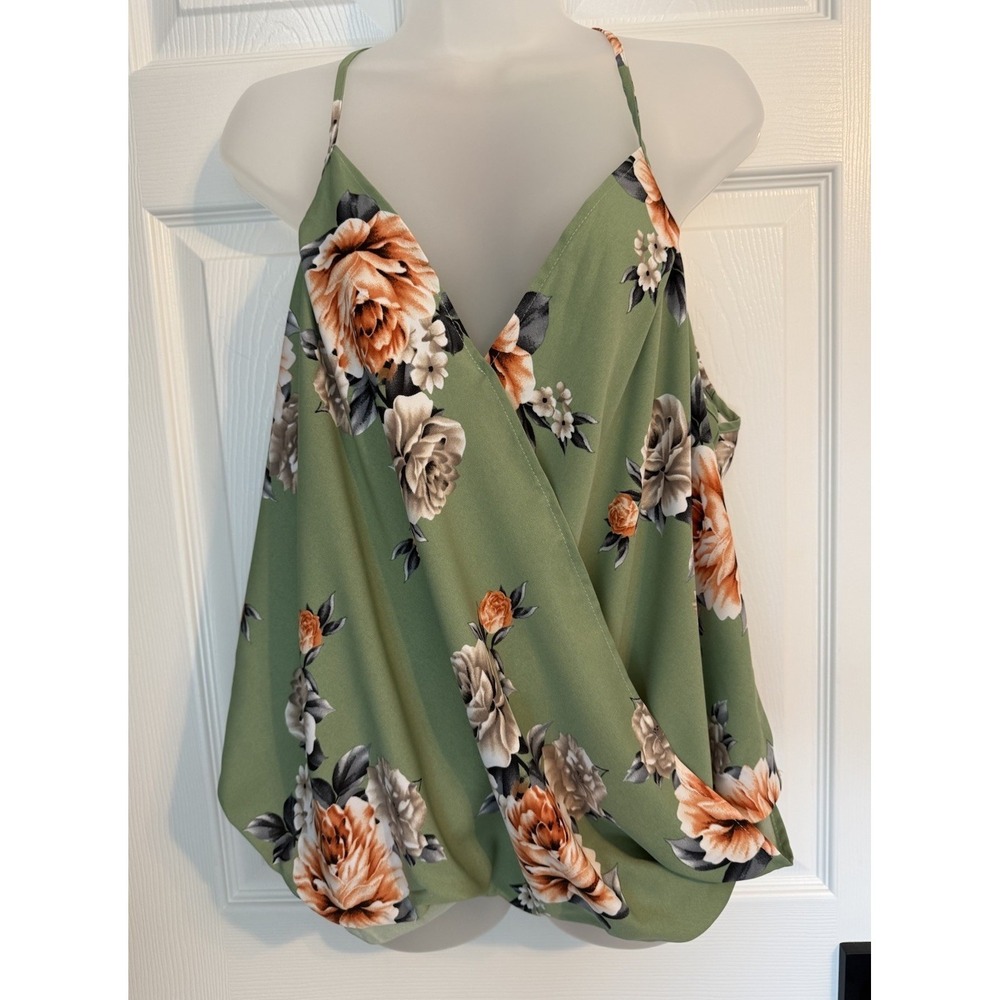 Emery Rose Floral Bubble Hem Green Sleeveless Wrap Style Halter Cami Blouse 3XL